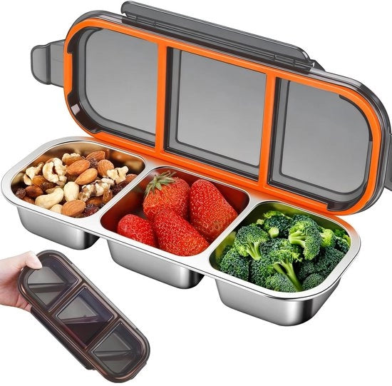 Tromba per snack in acciaio inossidabile, per bambini, con 3 contenitori, 26,2 x 10,3 x 4 cm, box per snack, box bento, acciaio inossidabile, tromba per snack in metallo con coperchio, impermeabile, per scuola, ufficio