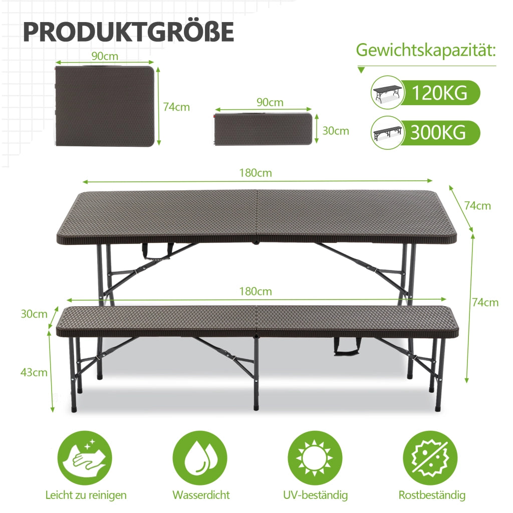 Set tavolo da picnic pieghevole 3 pezzi con 2 panche; 183 cm; HDPE marrone