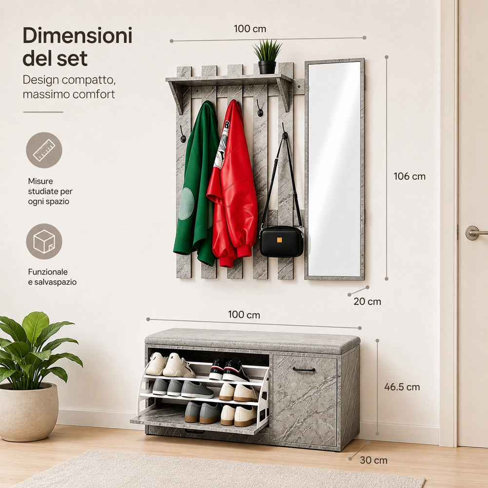 Set Ingresso con Scarpiera e Appendiabiti con Specchio Attaccapanni Grigio Marmo