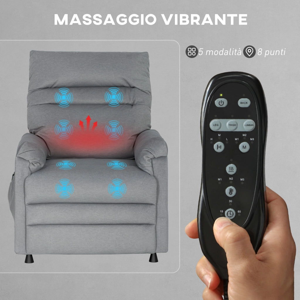 Poltrona Reclinabile con Riscaldamento, 8 Punti Massaggio e 5 Modalità 82x99x106 cm in Tessuto Effetto Velluto Grigio