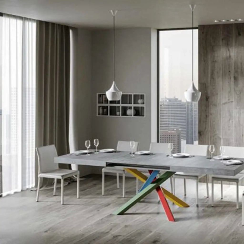 Tavolo allungabile 120/380x90 cm Volantis colore cemento gambe multicolore 4/B