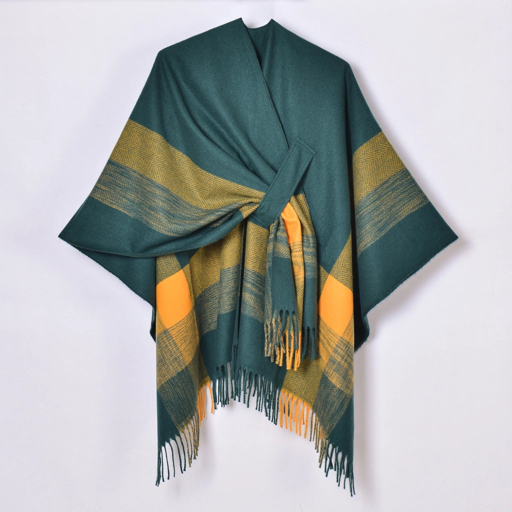 Nuovi arrivi: cappotto-scialle a righe colorate con laccetti, cardigan da donna in jacquard caldo con nappine.