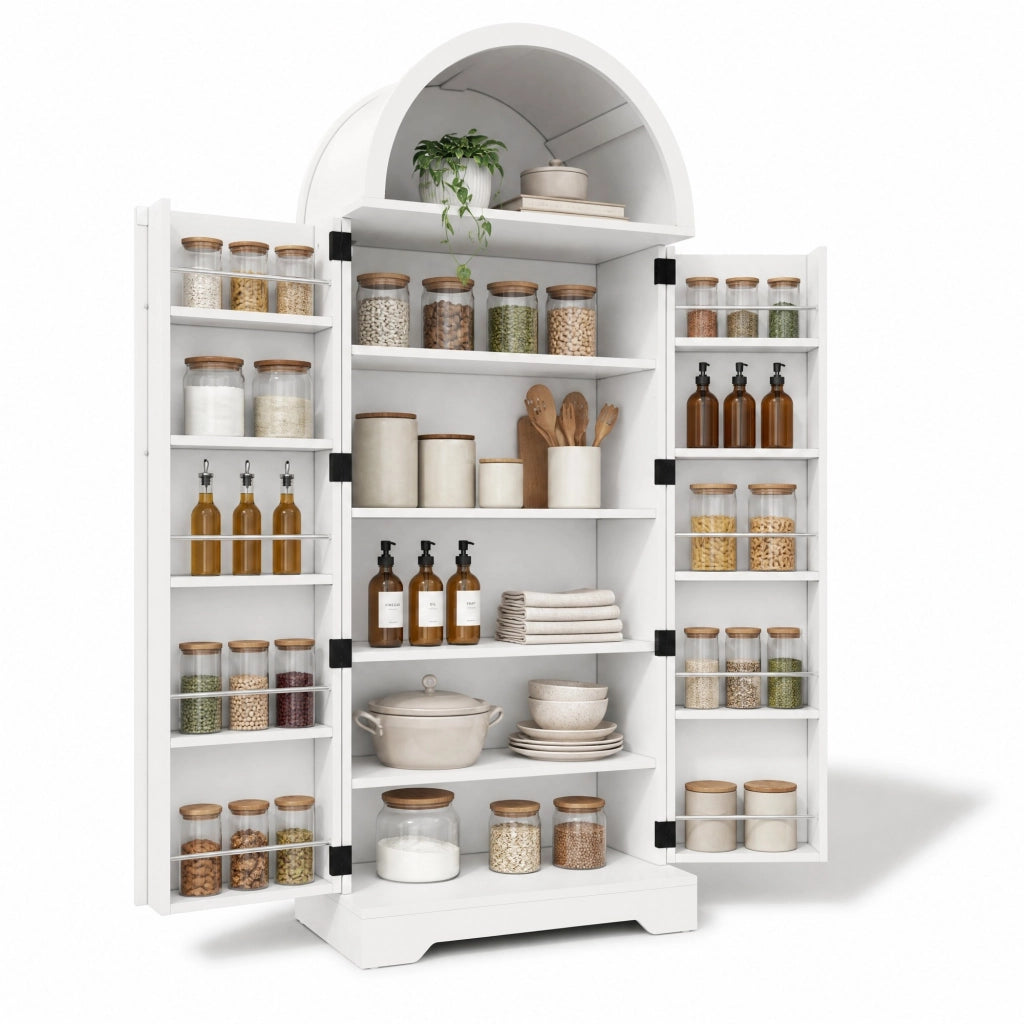Vetrina con 3 ripiani e 5 vani; design ad arco; per cucina e soggiorno; in MDF; bianco; 70 × 40 × 165 cm