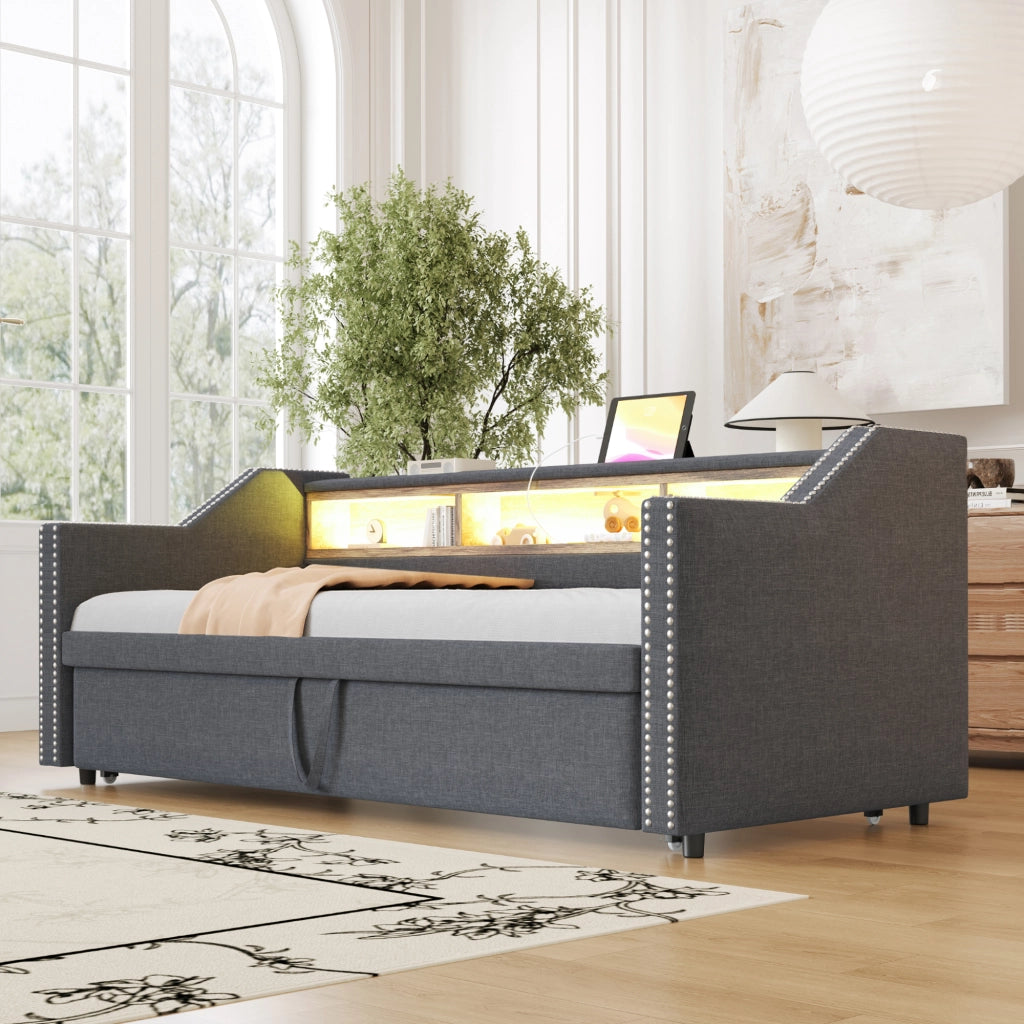 DIVANO LETTO Estraibile 90/180 x 190 cm Grigio Scuro con USB e LED