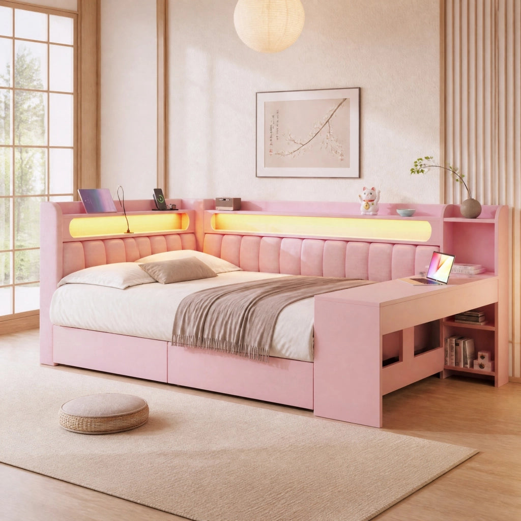 Daybed imbottito 140x200 cm rosa con USB, LED, scrivania e 2 cassetti