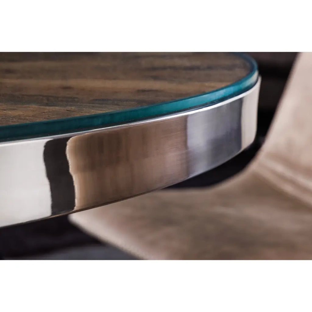 Table RAFTA – Legno di teck e vetro temperato – Piede cromato – 140 cm – Rotonda – Stile contemporaneo