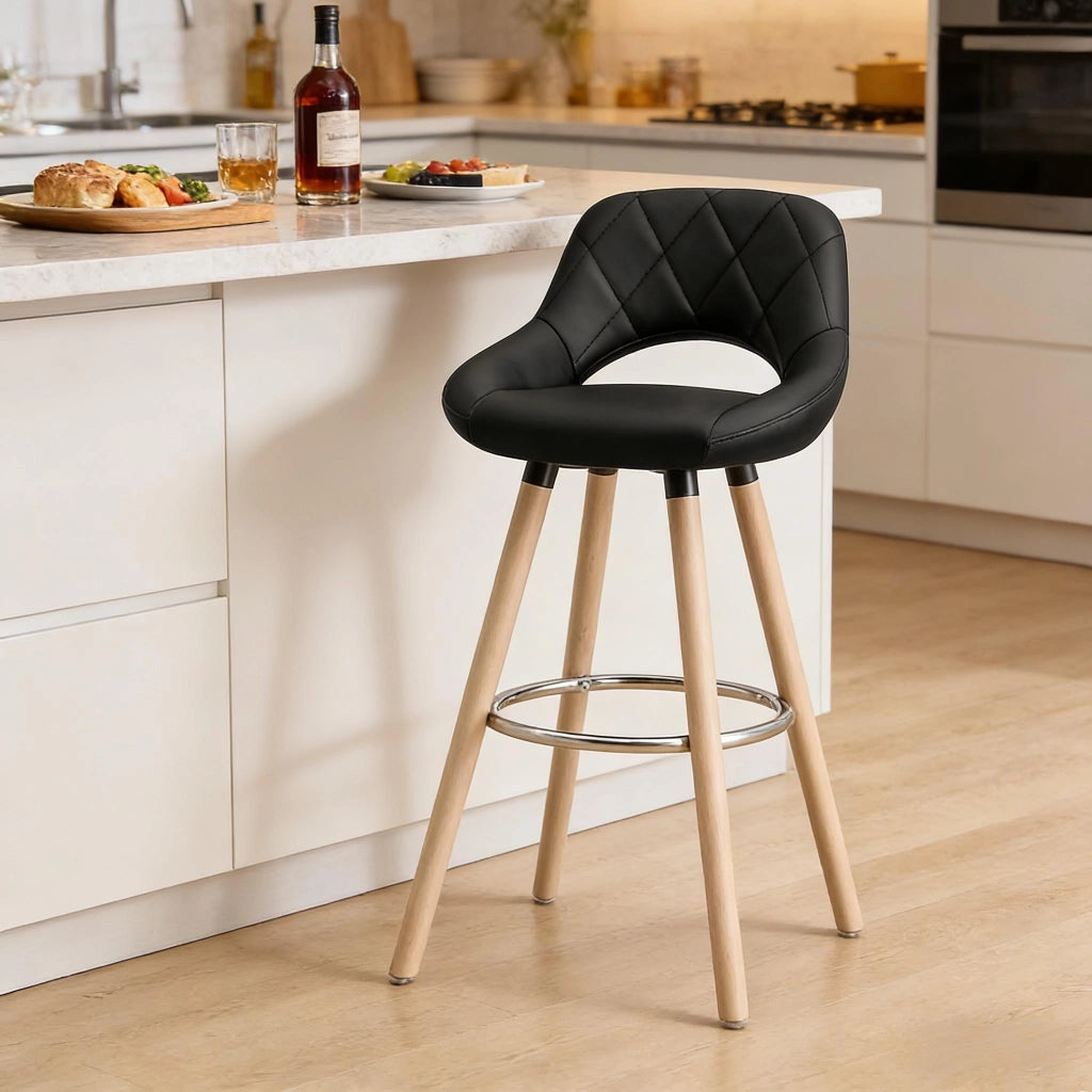 Sgabello da bar con schienale ergonomico e seduta in similpelle per cucina; bar e locali in legno nero