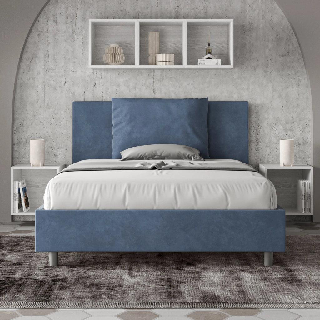 BS COM Letto matrimoniale francese con rete imbottito 140x200 microfibra blu