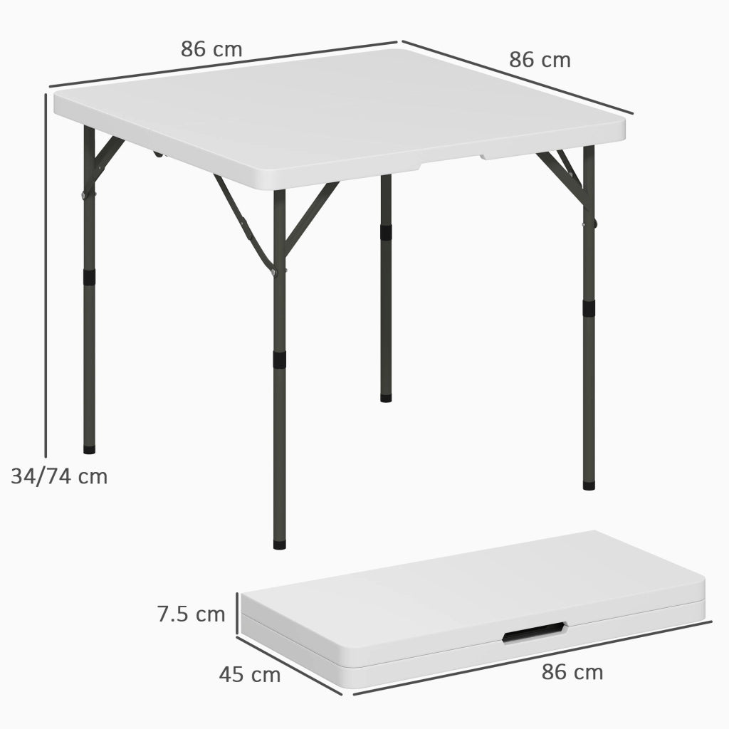 Tavolo da Campeggio 86x86x74 cm Pieghevole con 2 Altezze Regolabili in HDPE e Metallo Bianco