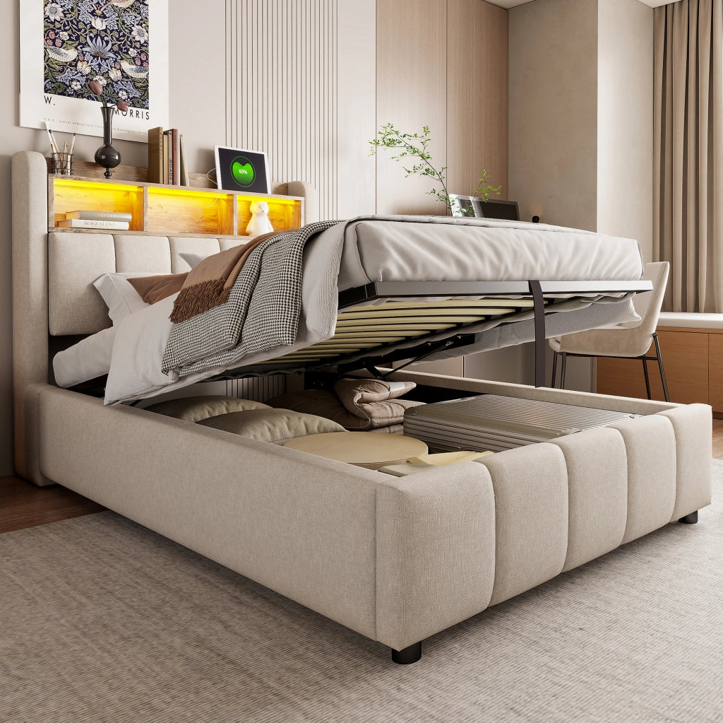 Letto imbottito 90x200 cm con LED, USB e vano contenitore
