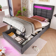 Letto singolo imbottito 90x200cm con portaoggetti a LED e idraulici in lino grigio