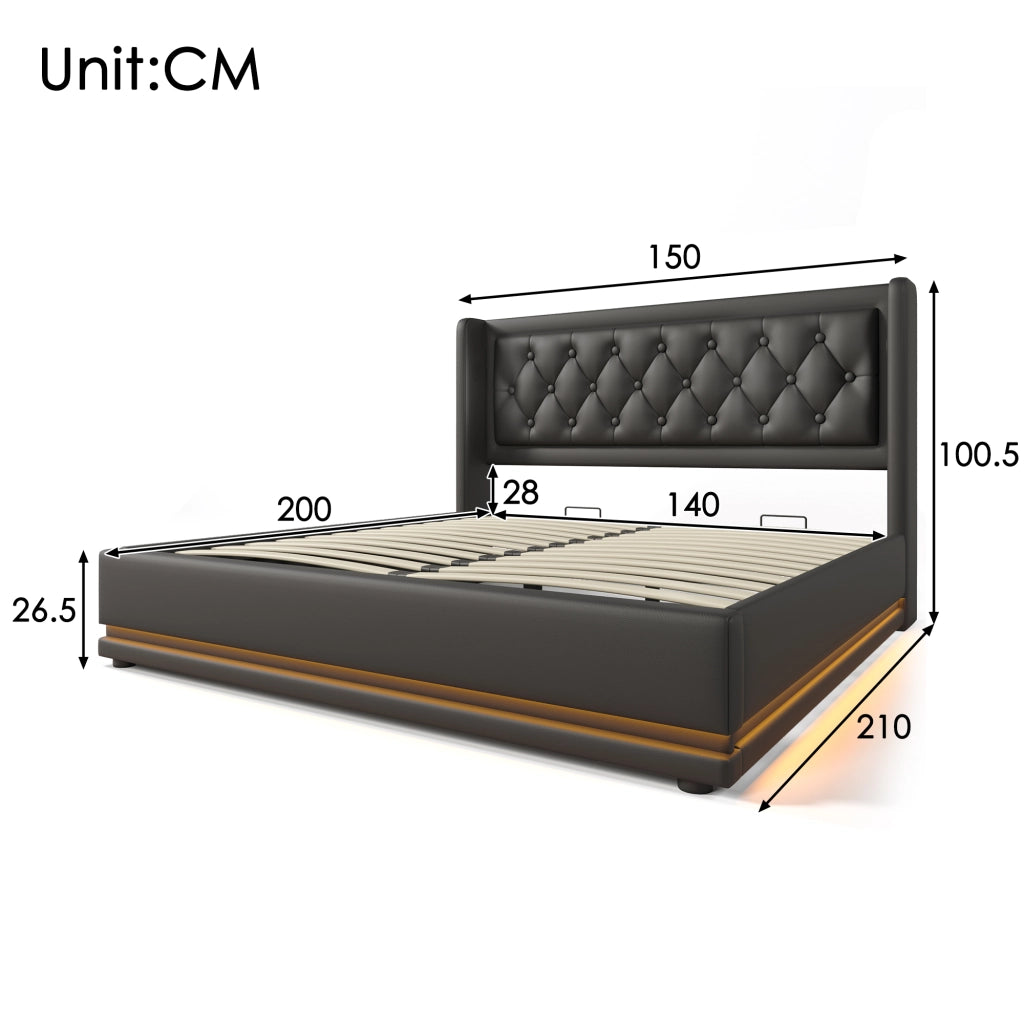 OKWISH Letto contenitore 140×200 cm, Letto Matrimoniale con Sollevamento Idraulico, USB, Type C e LED 3 Lati, senza Materasso, PU, Nero