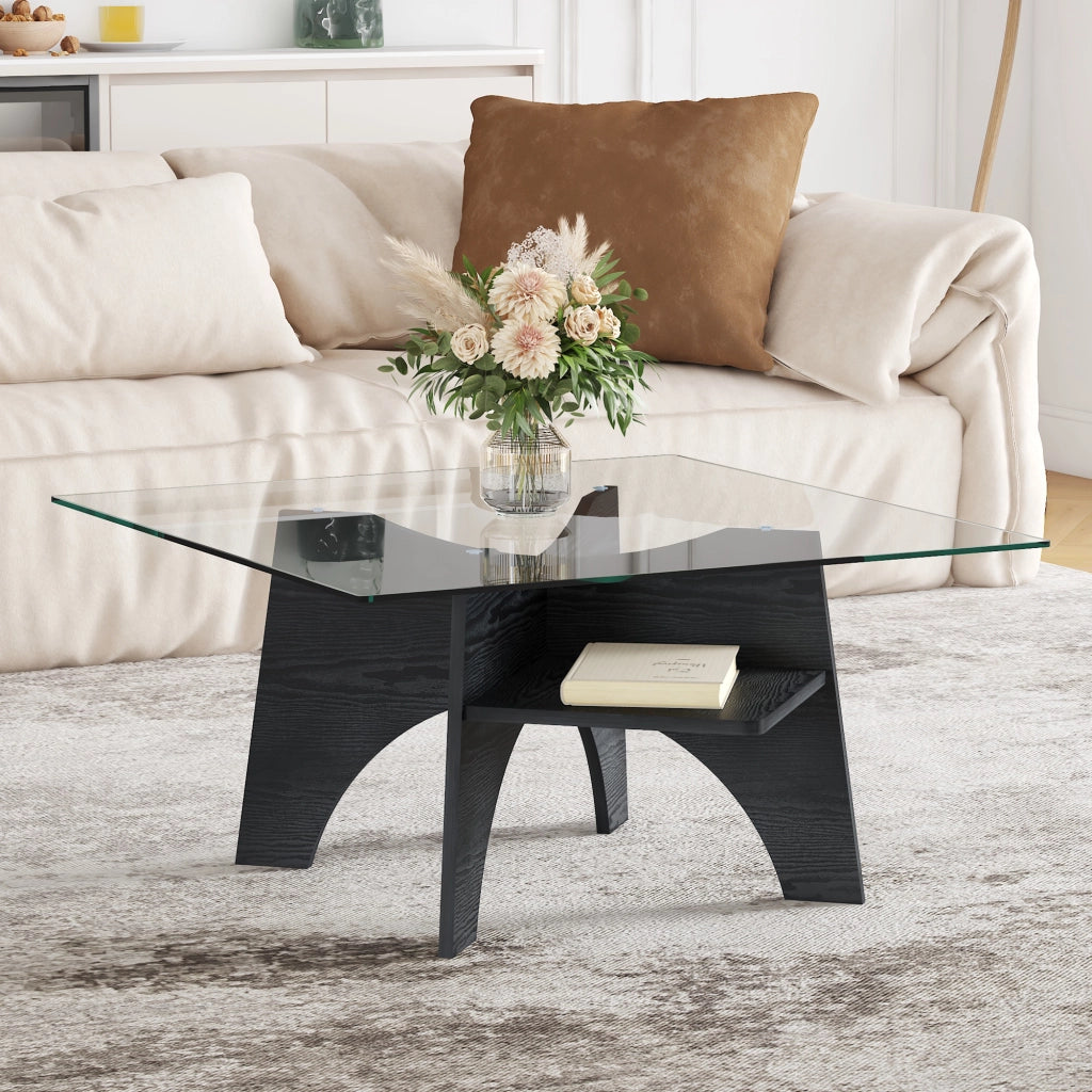 Tavolino/tavolino da caff¨¨ moderno di forma quadrata, realizzato in vetro temperato ¨C lati da 80 cm. Gambe in MDF con effetto legno nero. Ideale per s