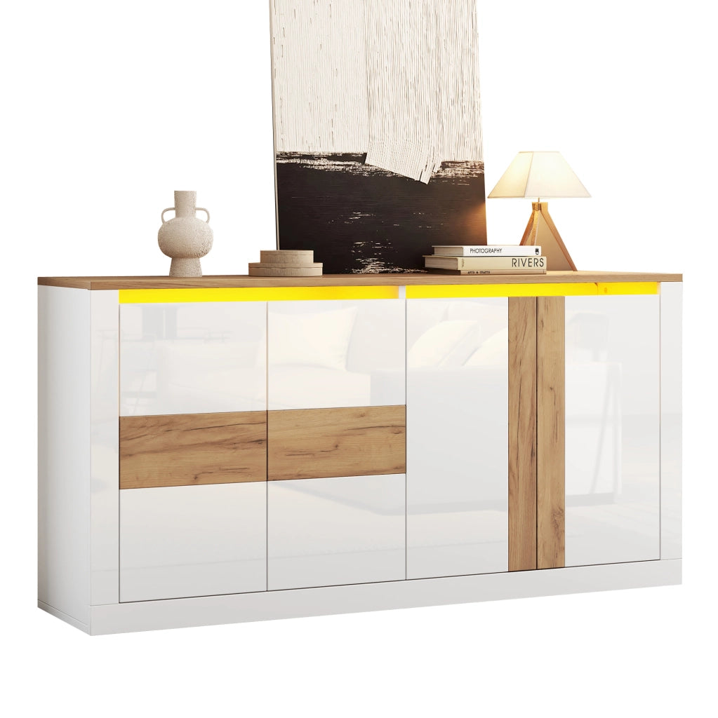 Sideboard moderno 140x35x70 cm in MDF con 4 porte e LED RGB; bianco e rovere naturale