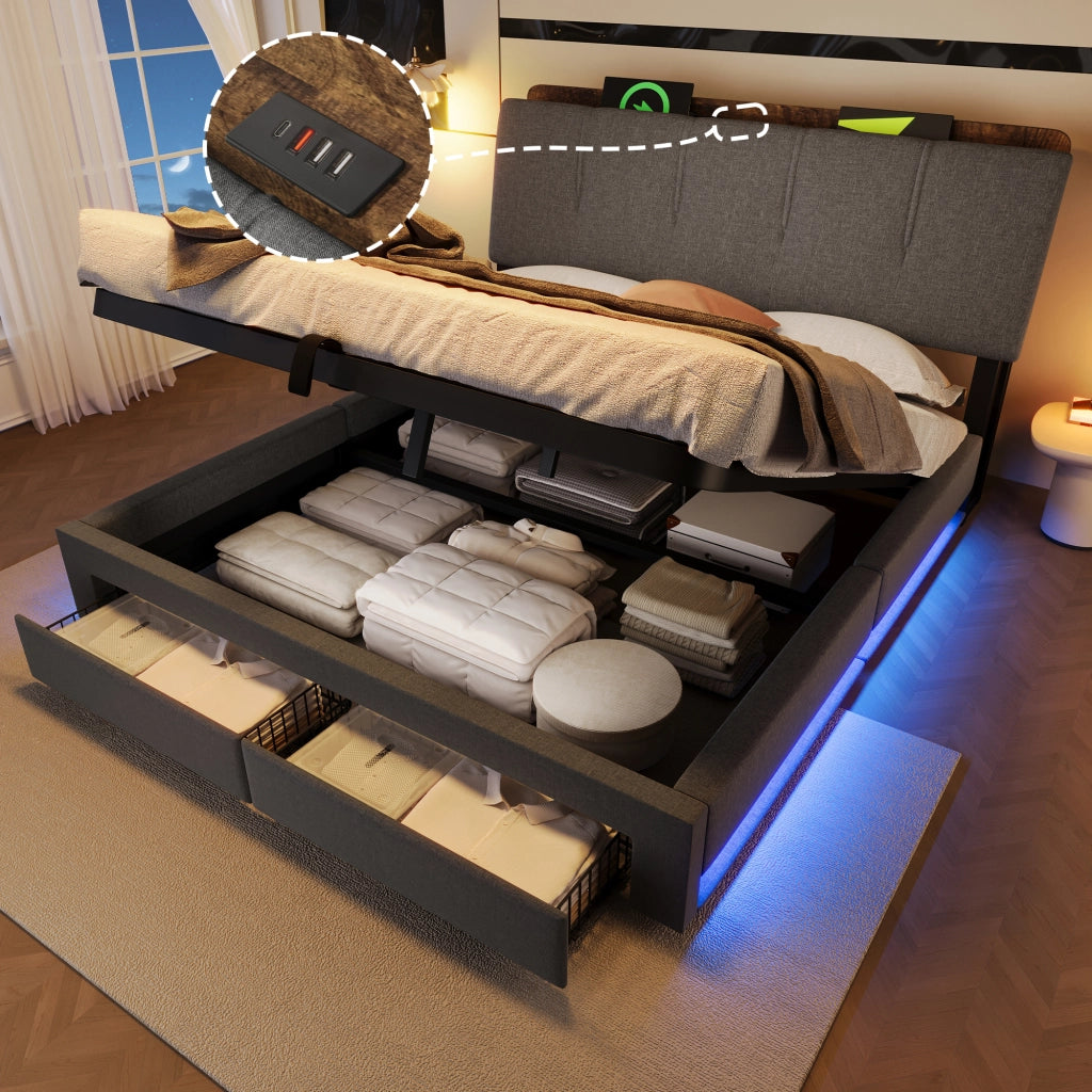 LETTO Contenitore 140x200 cm Grigio in lino con USB e Type-C