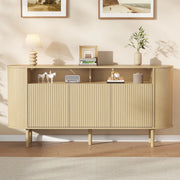 Credenza a tre ante, mobile da ingresso, ripiani a vista, gambe in legno massello, 160 x 40 x 78.5 cm, color legno naturale