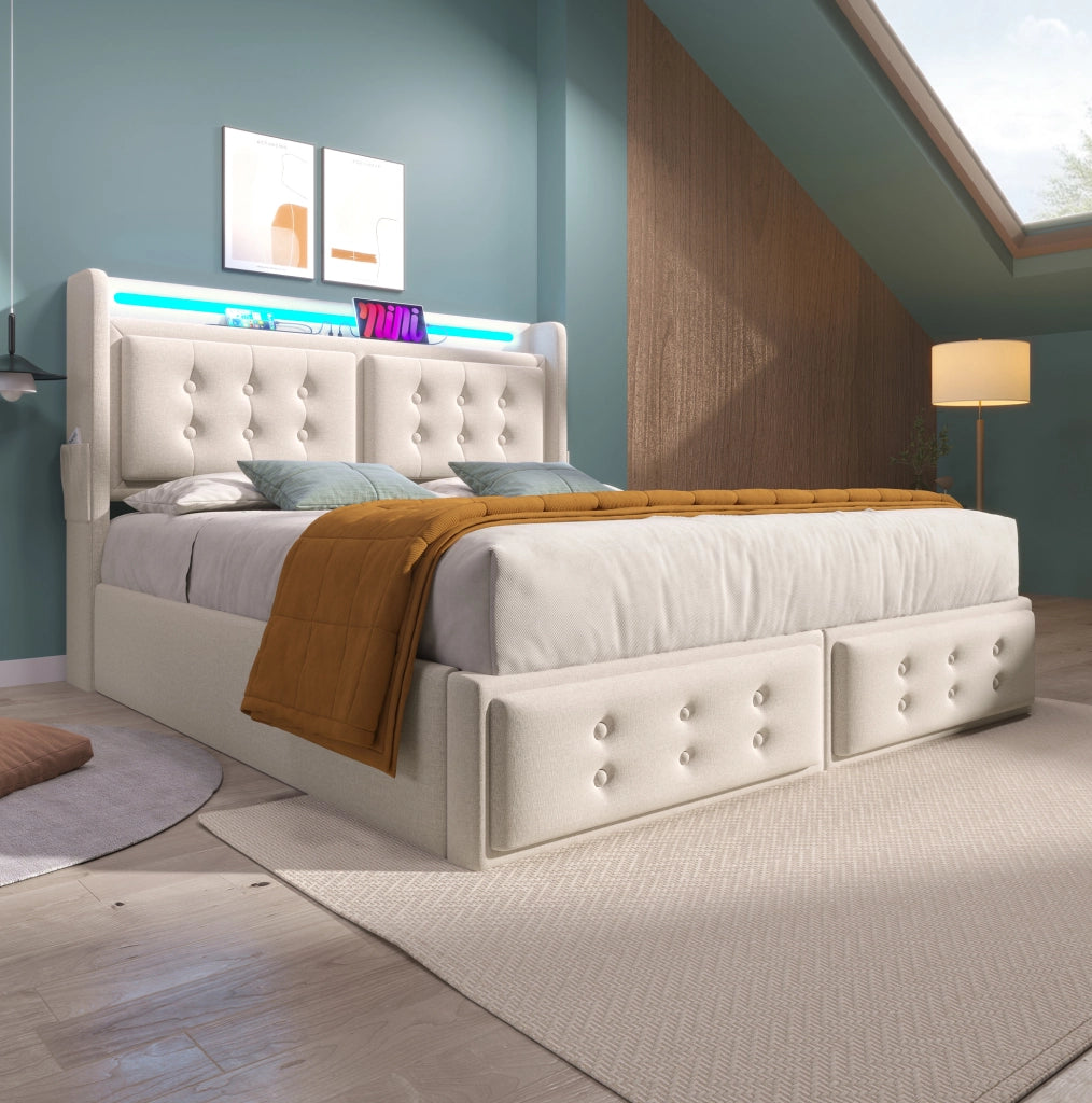 Letto imbottito 140x200 con testiera LED, prese e contenitore