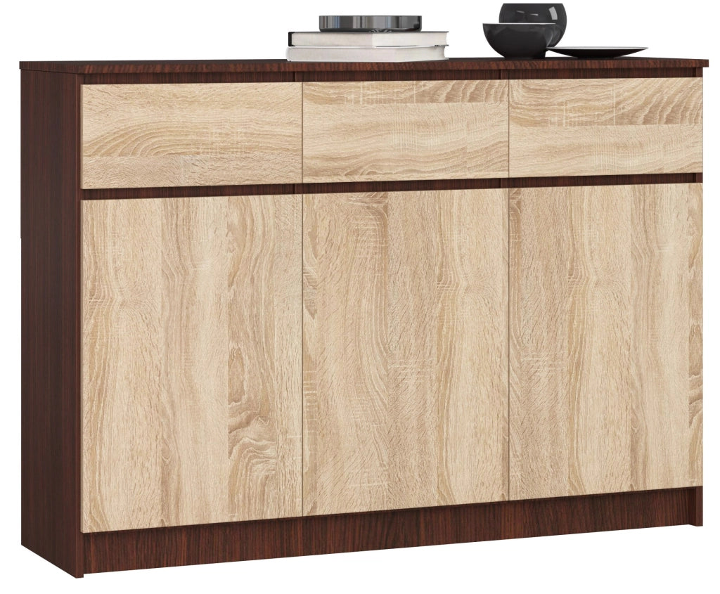 Cassettiera AKORD K140 Wengé 138 cm 3 ante 3 cassetti inserto frontale Sonoma Quercia 138x40x99 cm