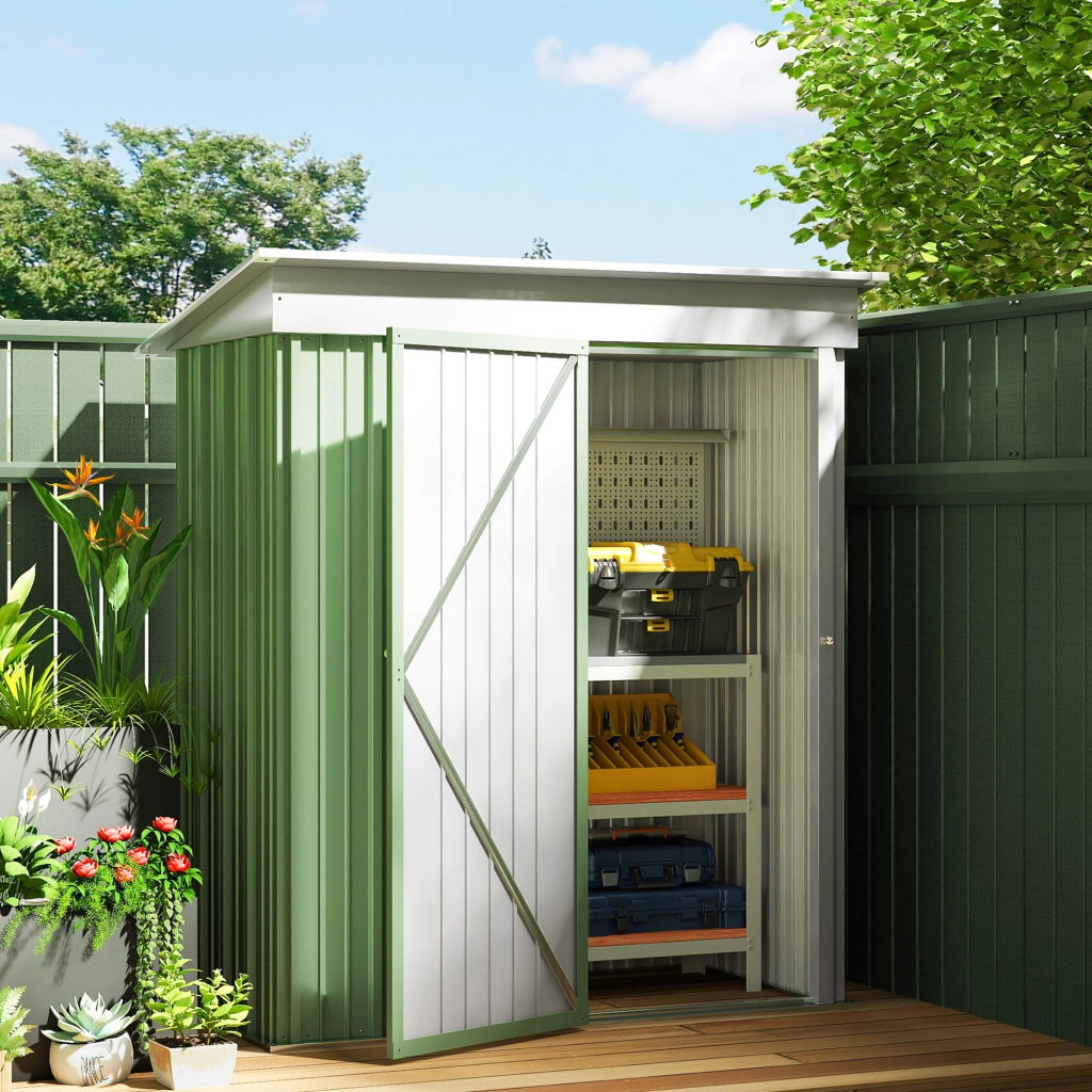 Casetta da Giardino Porta Attrezzi in Acciaio con Porta Bloccabile, 161x95x163/181cm, Verde
