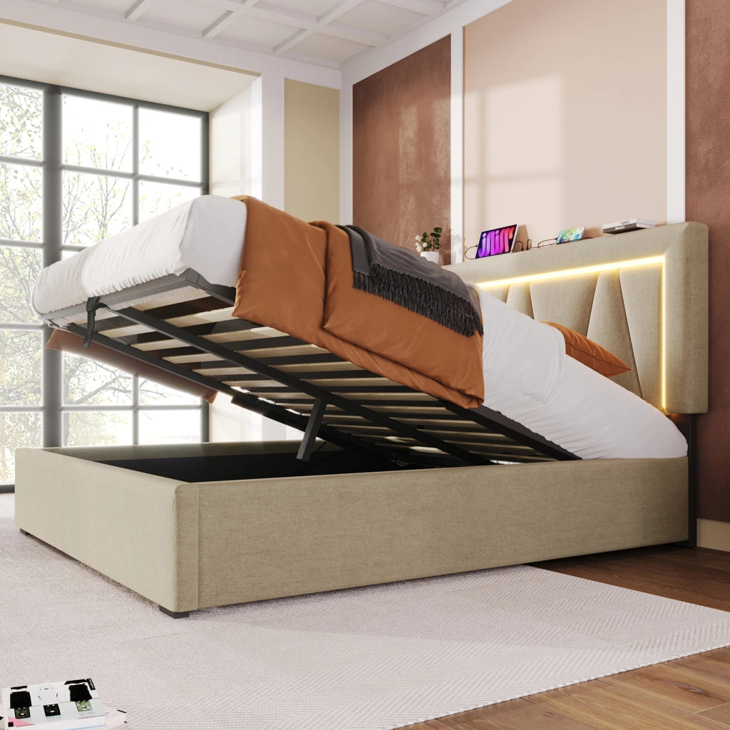 LETTO imbottito LED 140x200 cm in lino beige con USB e Type C
