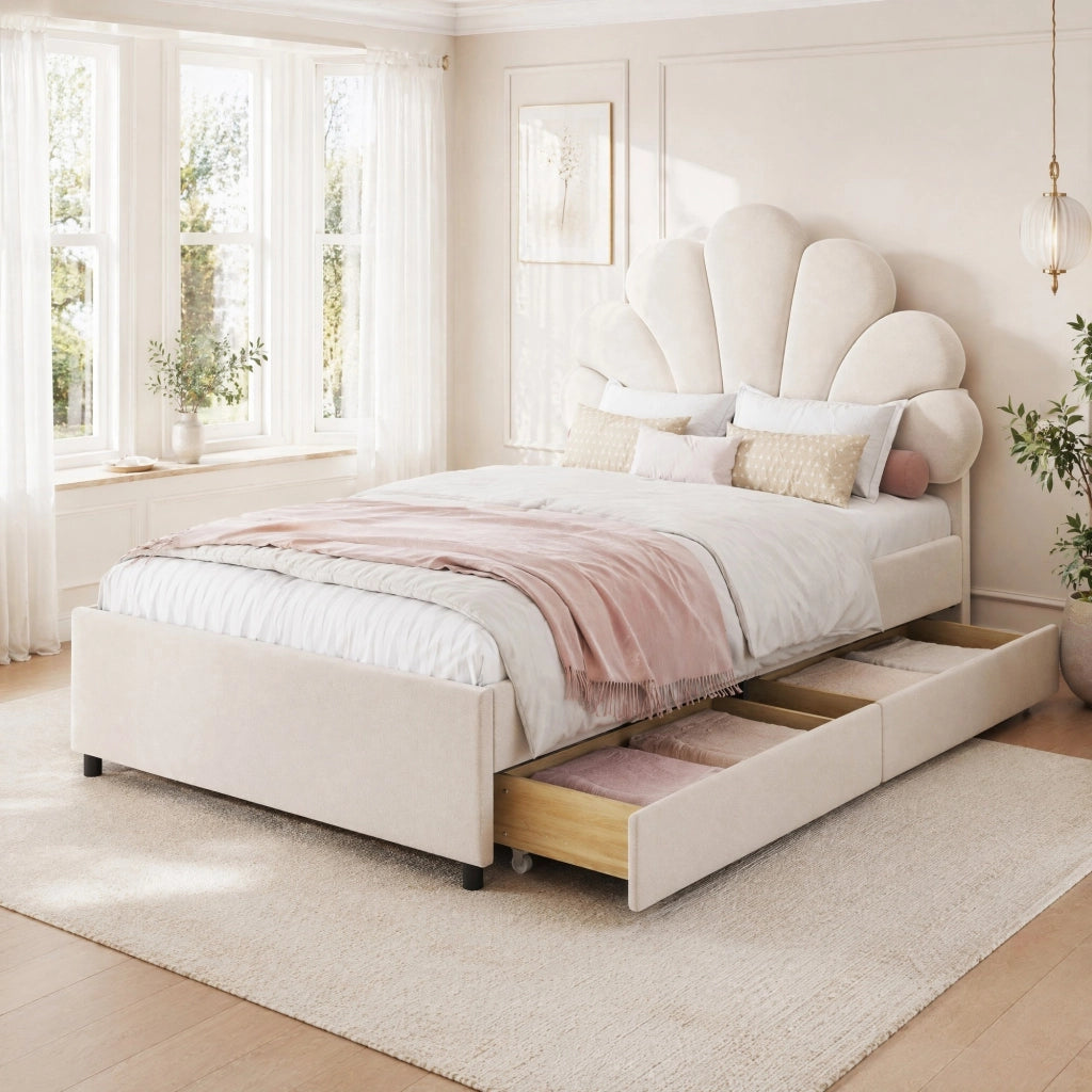 LETTO Imbottito 90x200 cm Beige con 2 cassetti