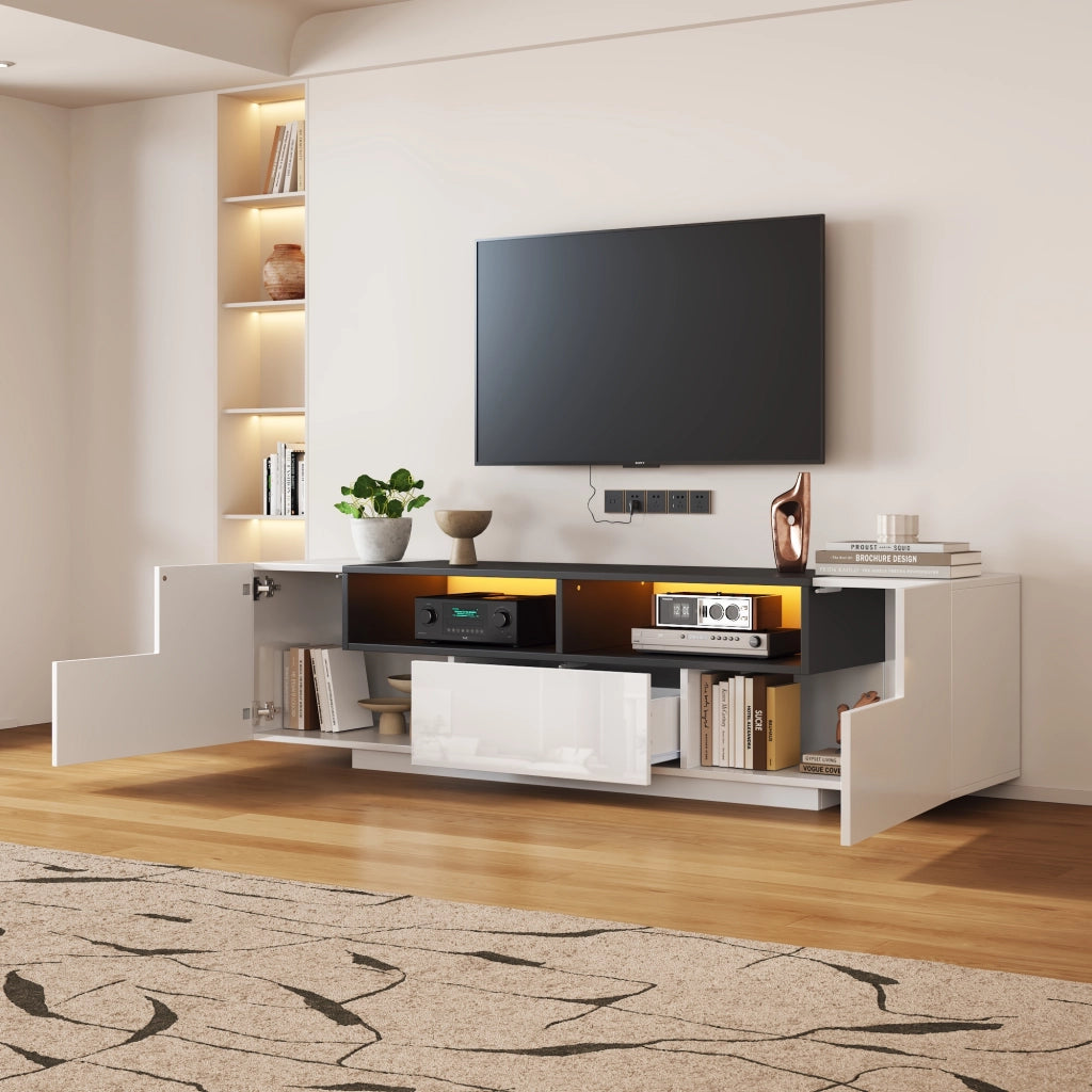 Mobile TV con 2 vani a L; 1 cassetto e LED per soggiorno; in truciolare; bianco; 180×40×48 cm