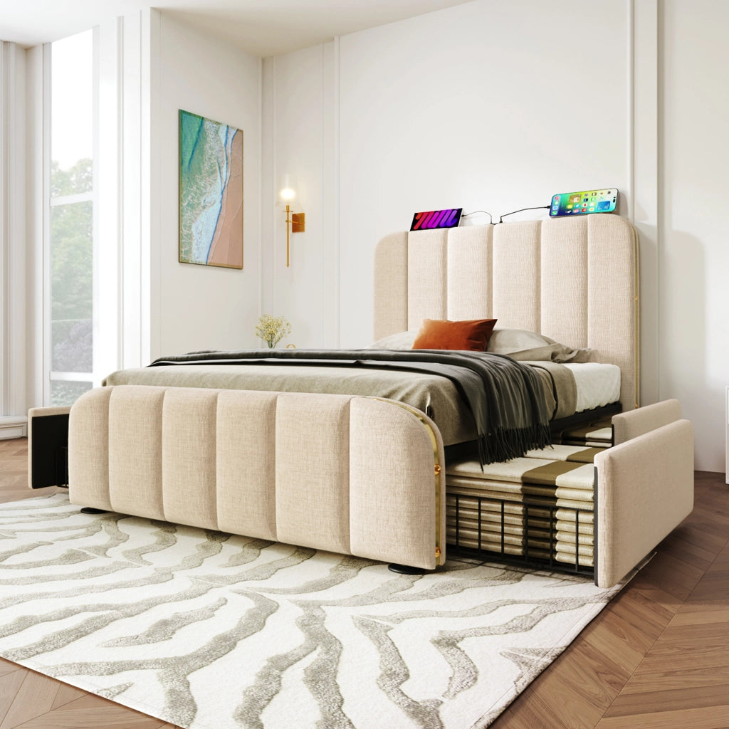 letto imbottito lino beige 90 x 200 cm