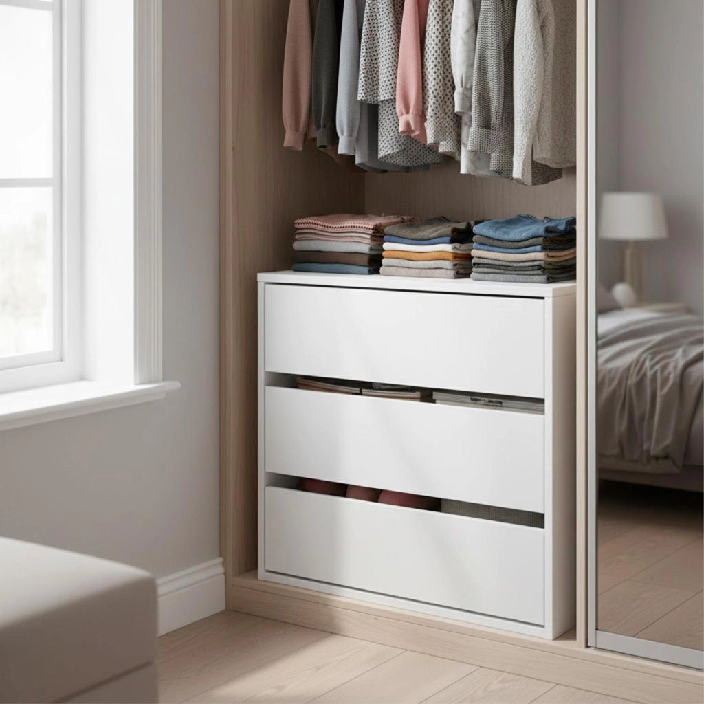 Cassettiera Con 3 Cassetti E Guide Metalliche Salvaspazio Compatta Per Camera Da Letto Guardaroba Cabina Armadio Stile Moderno Minimal 60 x 57 x 44 Cm Colore Bianco