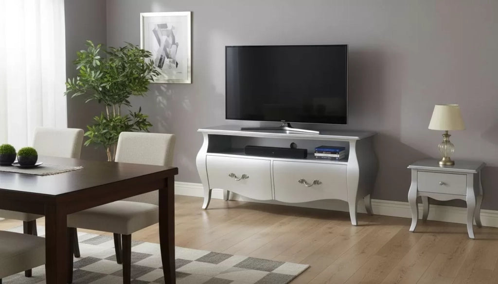 Mobile porta tv bombato legno shabby bianco 141x45x62 - Mobili 2G