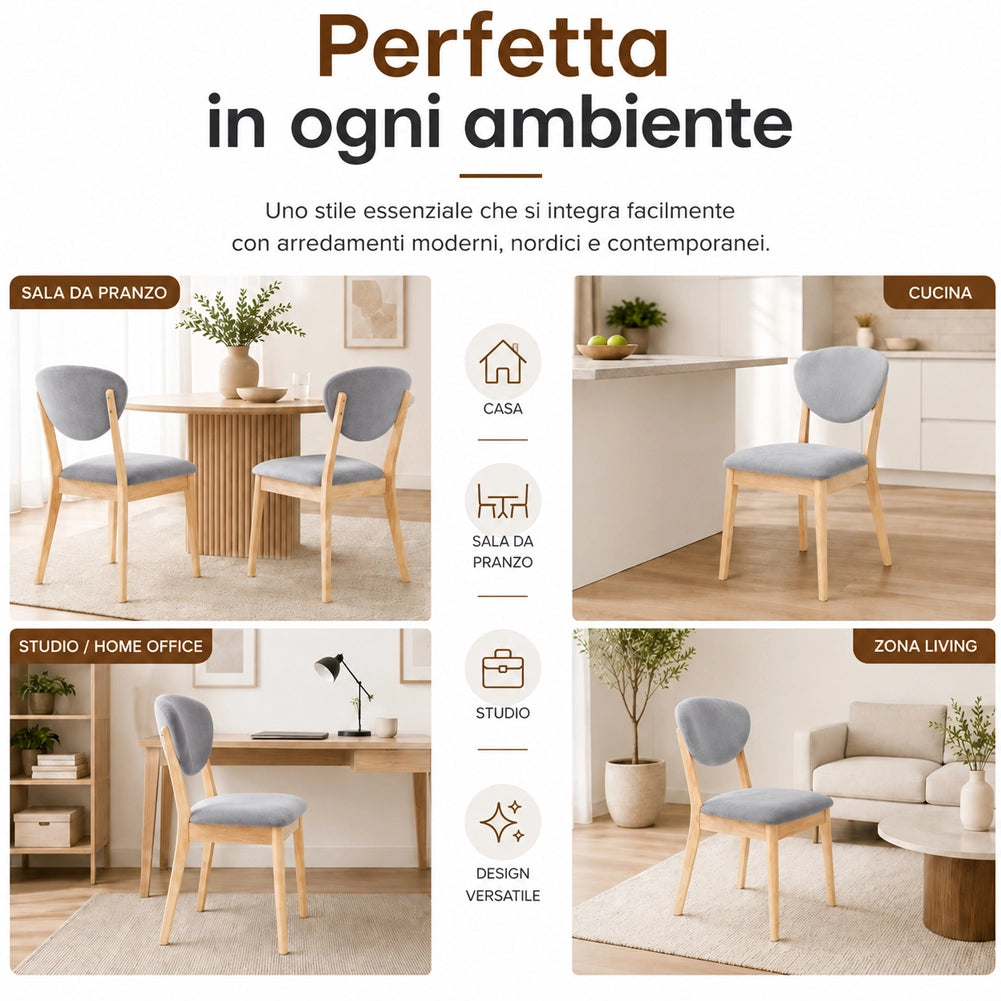 Set 2 Sedie da Pranzo in Legno Chiaro Rivestimento in Tessuto Grigio 52x47x84 cm