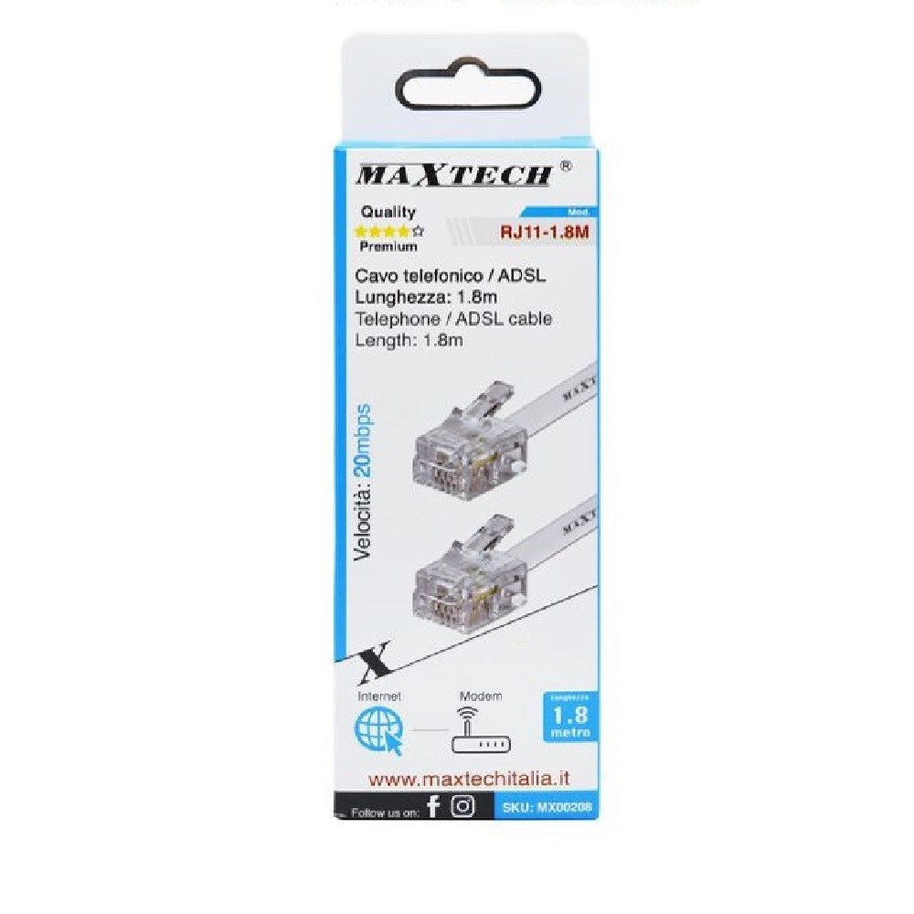 Trade Shop - Cavo Telefonico Adsl Rj11 Collegamento Telefonico Modem 20mbps 1.8 Mt Rj11-1.8m -