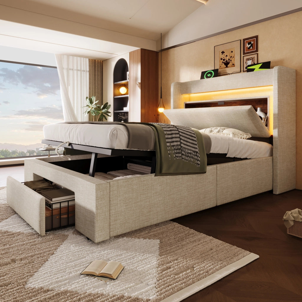 letto imbottito lino beige 90 x 200 cm