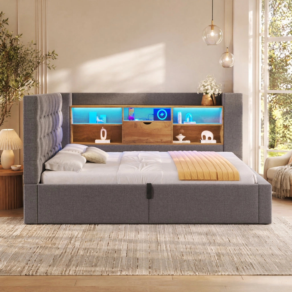 Letto singolo 90x200 cm con LED; contenitore idraulico e materasso; grigio