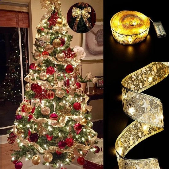 Decorazione di Natale a LED per albero di Natale - 2 m 20 LED alimentato da batterie con timer e 8 impostazioni di luce, decorazione di Natale per decorazioni di albero di Natale da 1,80 - 2,40 m, nastro dorato - luce bianca