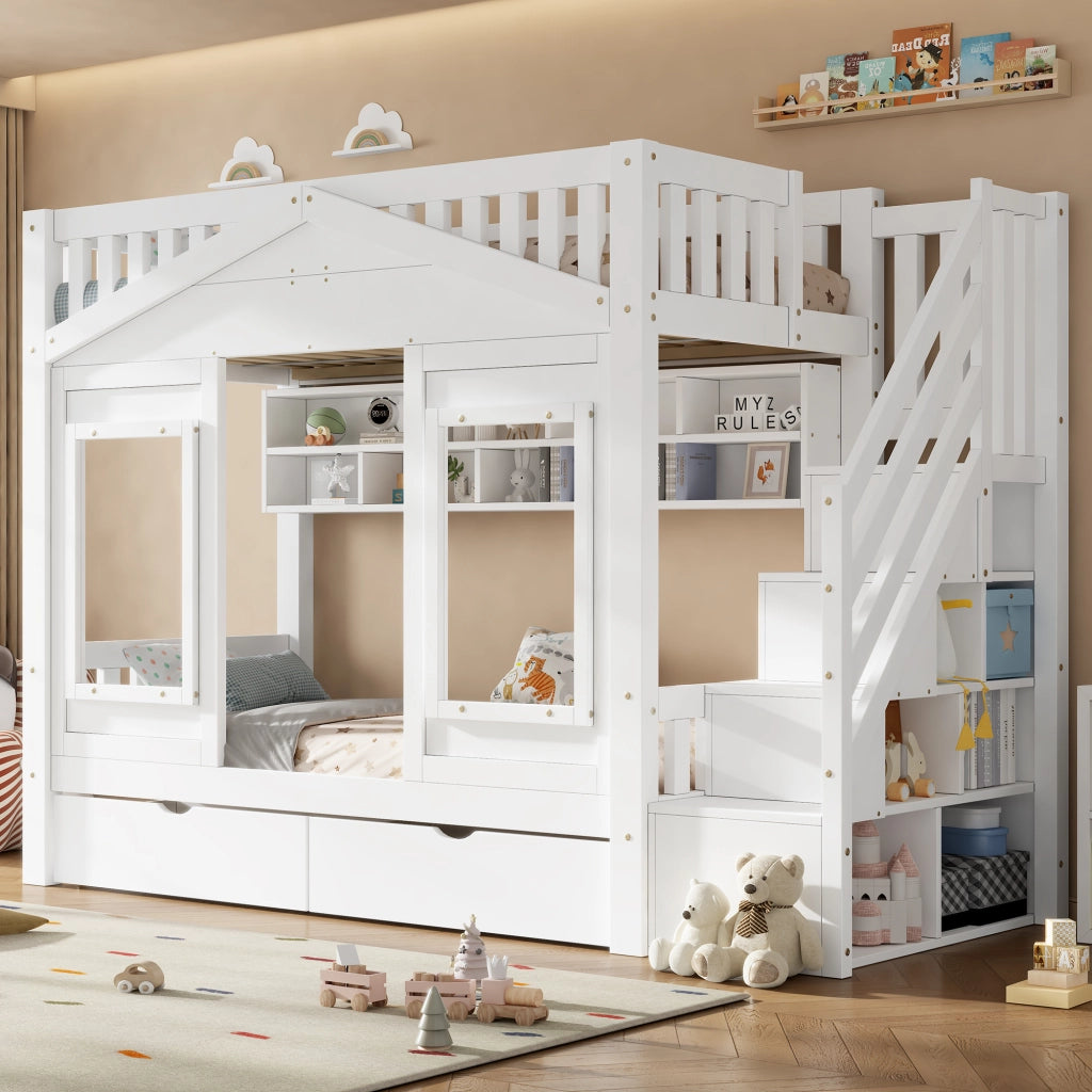Letto a Casetta 90x200 cm; Letto Singolo - Scala contenitore; Cassetto; Ripiani - Bianco