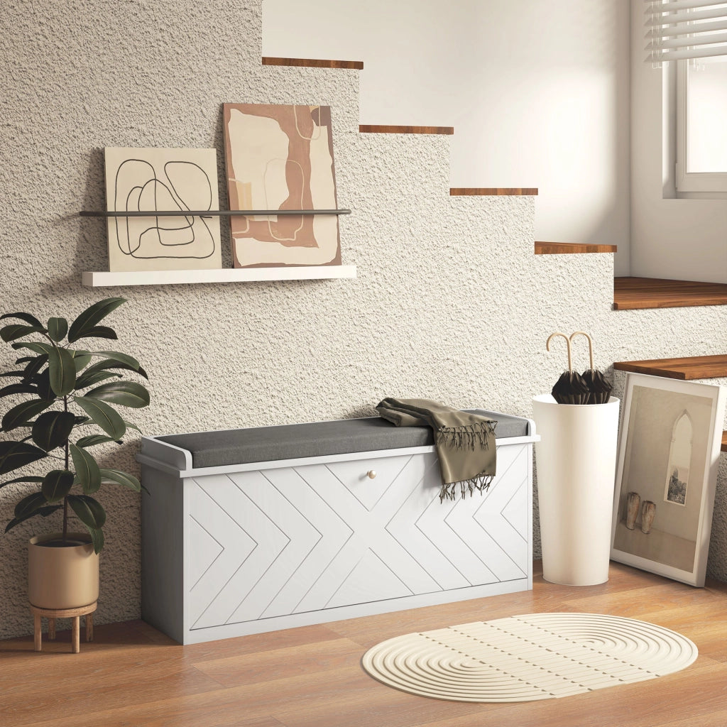 Panca porta scarpe con cassetto, cuscino e ripiano regolabile ¨C Minimal ¨C Bianco 100x26x48 cm