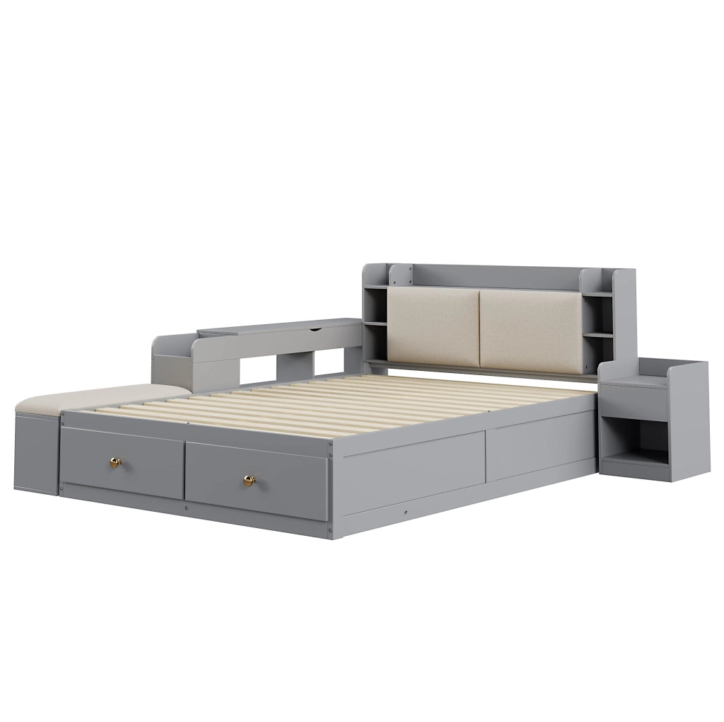 Letto matrimoniale multifunzione 140x200 cm in legno massiccio; con testiera imbottita e contenitore; grigio