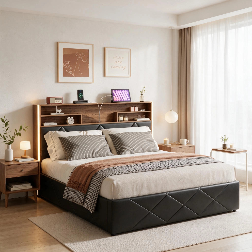 Letto matrimoniale 160x200 cm con contenitore LED USB Type-C testiera rete a doghe struttura letto metallo legno PU - nero