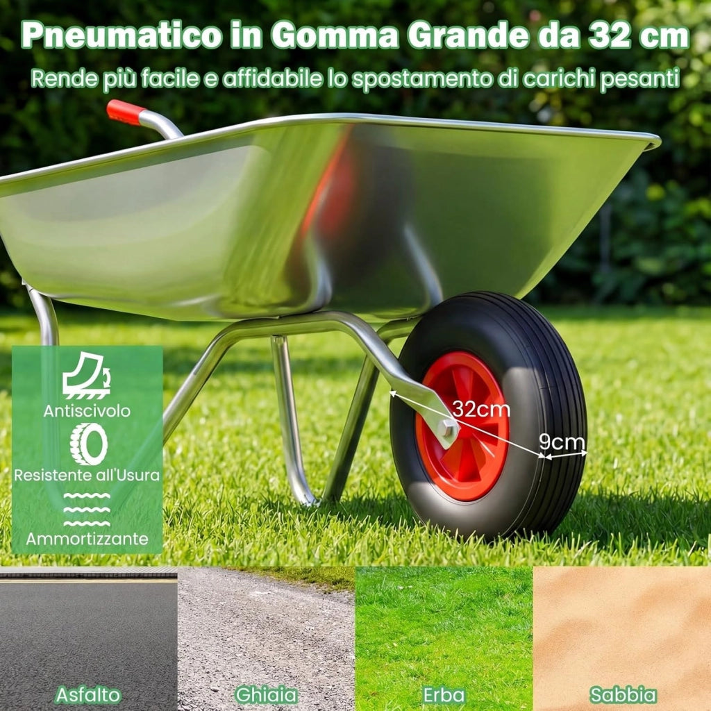 Carriola da Giardino, Carriola a Ruota Singola con 2 Manici Ergonomici e Ruota in Gomma, Capacità 62,5L 136 kg, Acciaio Zincato, per Giardinaggio, Costruzioni e Trasporto, 133 x 60 x 64 cm