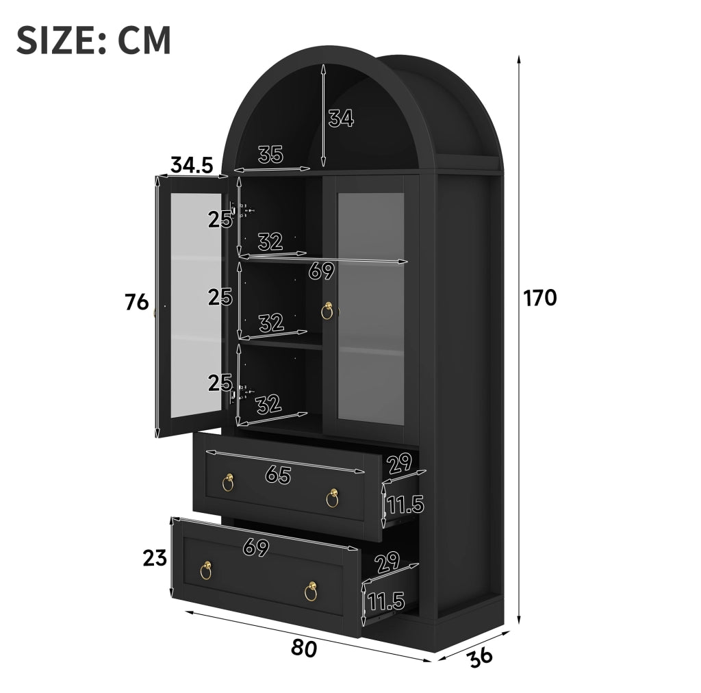 Armadio con arco 80 x 36 x 170 cm con ante in vetro e ripiani regolabili; nero