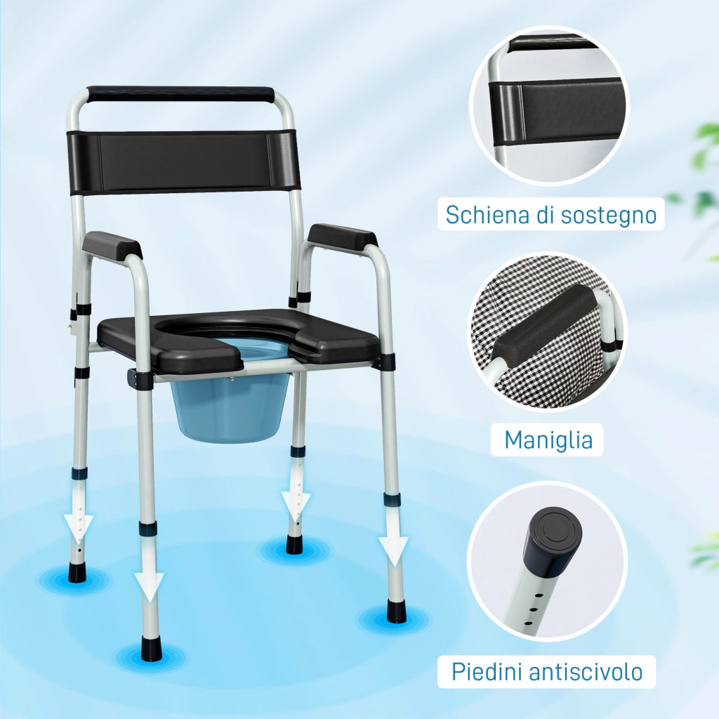 Sedia WC Pieghevole con Braccioli e Schienale ¨C Xylo ¨C Acciaio e Pelle PU Nero 52.5x46x81.5-97cm