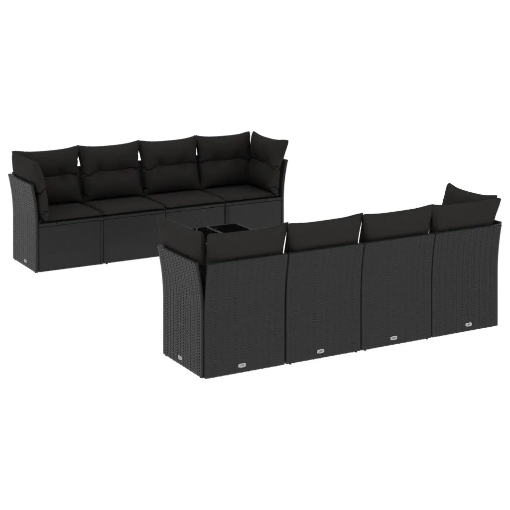 Set Divani da Giardino 9 pz con Cuscini Nero in Polyrattan