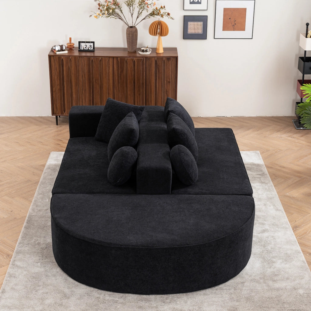 Divano modulare convertibile con 4 cuscini, 2 cuscini rotondi e braccioli, in Chenille, Nero, 263 × 171 × 66 cm