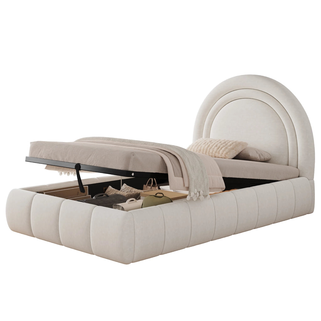 Letto contenitore per bambini 90×200 cm; letto singolo con apertura idraulica e testiera imbottita; senza materasso; beige