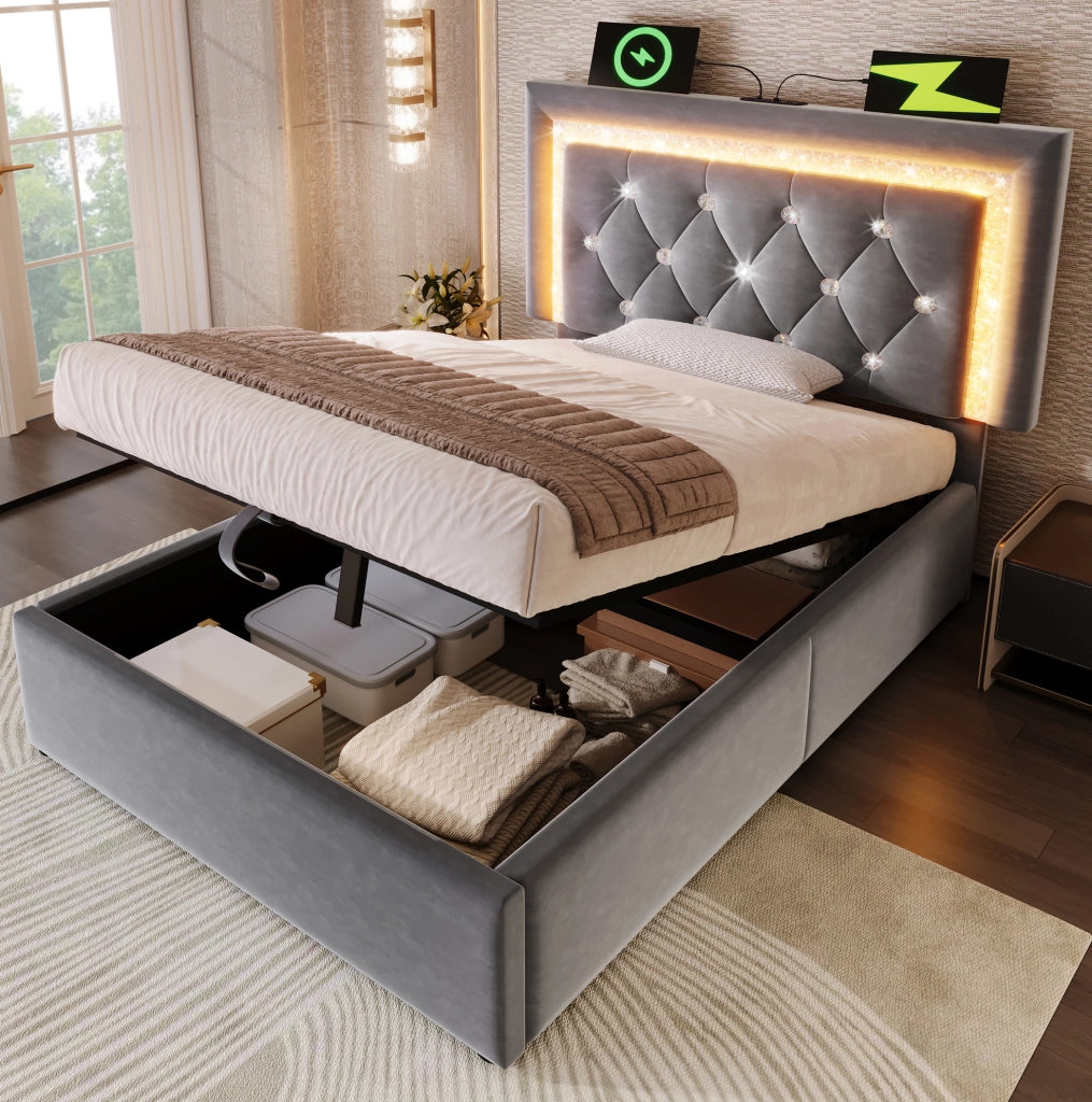 Letto imbottito 90x200 cm con LED, USB e materasso incluso