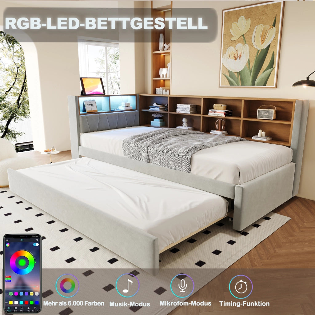 Letto estraibile matrimoniale 90×200 cm e 90×190 cm con LED; USB e ripiani; senza materasso; grigio chiaro