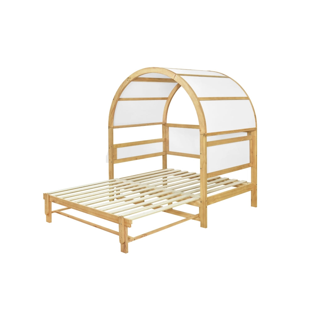 Letto Casetta 140x200 cm; Letto Singolo - Estraibile e Mensola Laterale - in Legno - Bianco e Naturale