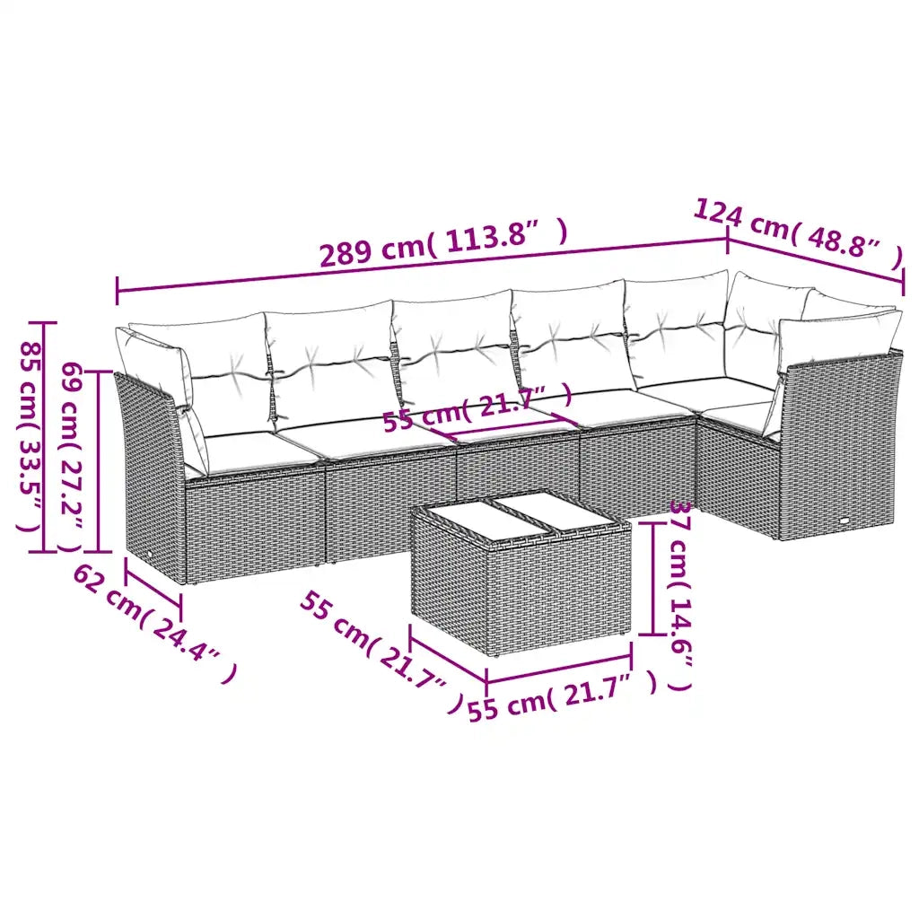 Set Divani da Giardino 7 pz con Cuscini Marrone in Polyrattan