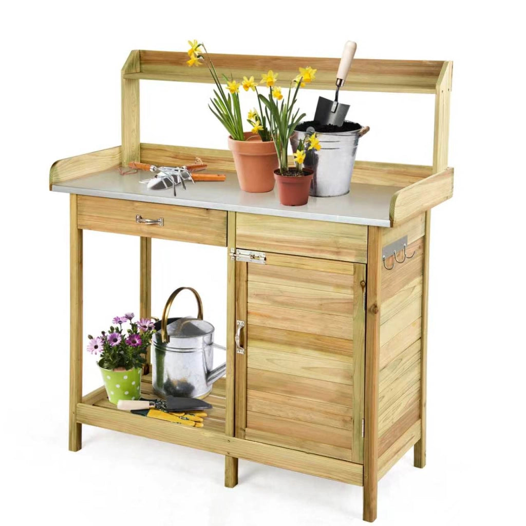 Tavolo da giardinaggio materiale ligneo, Armadietto con 3 ganci perfetto per esterni e giardini Naturale