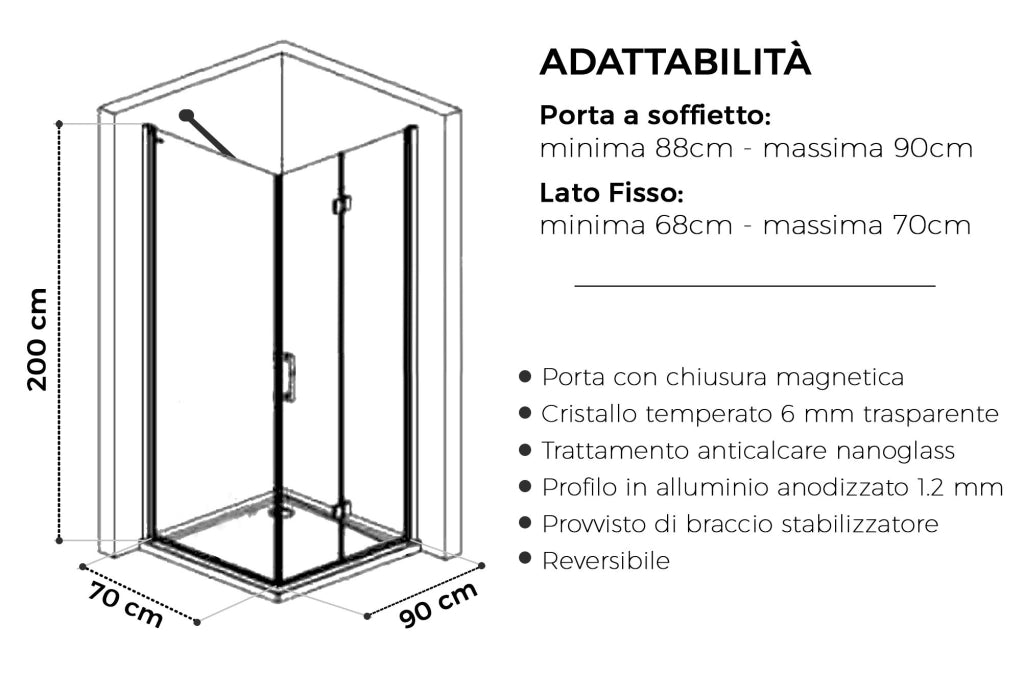 Box doccia Angolare 70x90 cm porta a soffietto + fisso H200 cm cristallo 6 mm profilo NERO OPACO ZAIRA